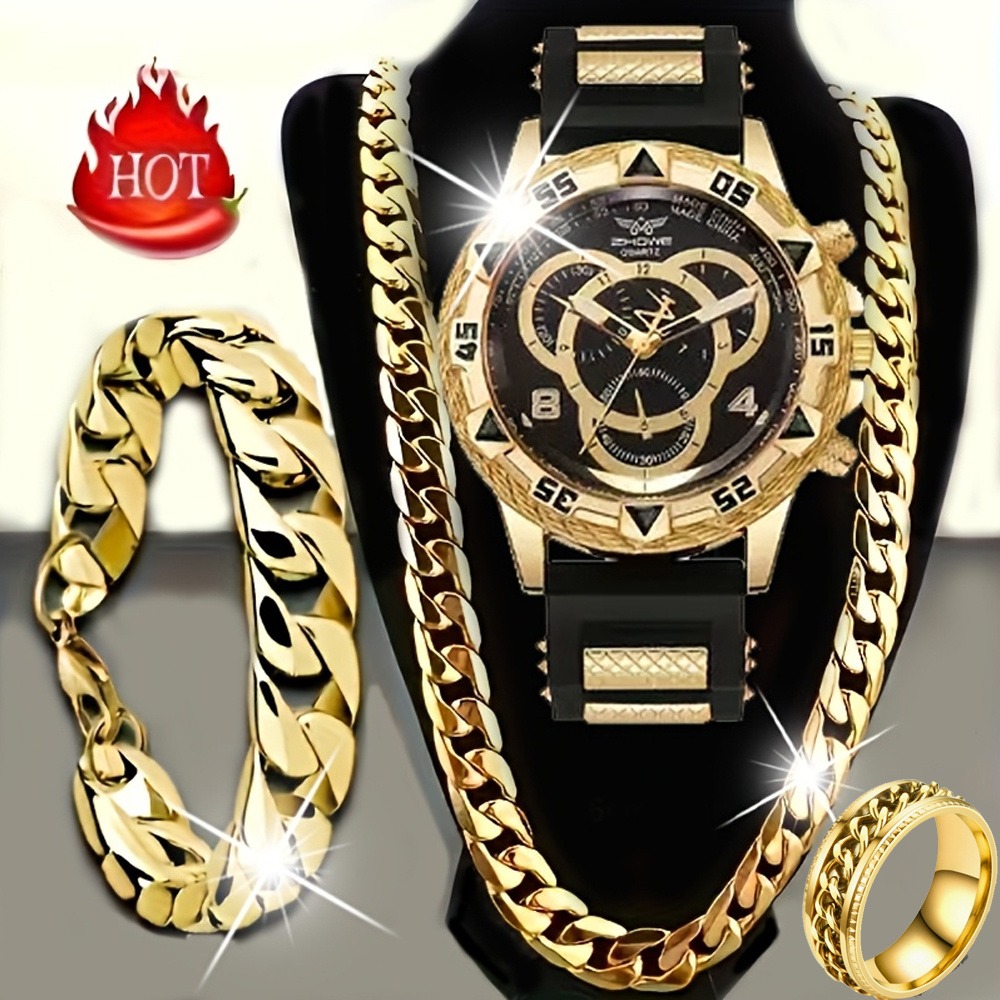 Jewelry Watches For Men - 4-delige luxe herenhorloge- en sieradenset, inclusief